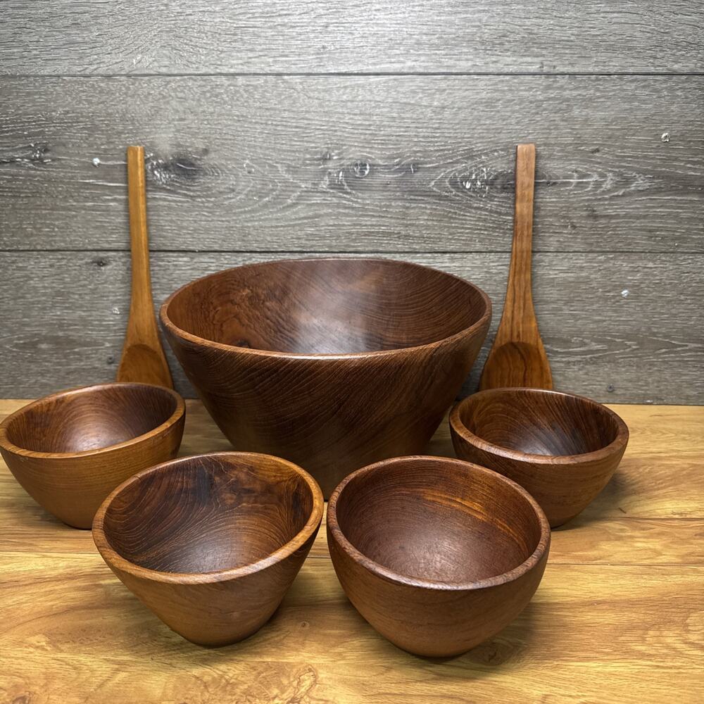 Vintage Kalmar Teak Wood Salad Bowl Set with Four Serving Bowls and Utensils